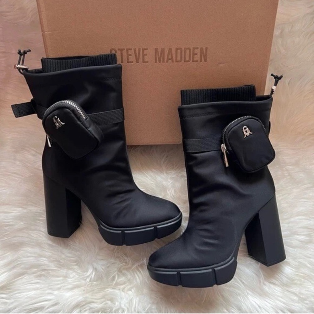 New! STEVE MADDEN RiseUp Zip Pocket Nylon Platform Square Heel Ankle Boots - Picture 8 of 15